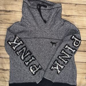Victoria’s Secret Pink Cowl Funnel Neck Sweatshirt Gray Silver Bling Sequins